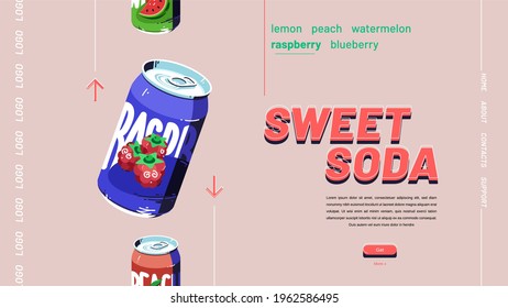 Sweet soda banner. Website design of fizzy drinks with fruits juice. Vector landing page with flat illustration of raspberry, watermelon and peach beverage in aluminium cans