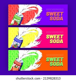 Sweet soda banners with drink splashing out of tin cans. Cold fresh juice or fruit water advertisement campaign, beverage promotional colorful background in line art cartoon style, Vector illustration