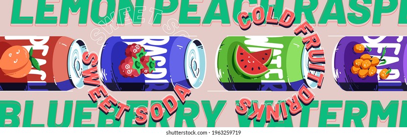 Dulce refresco, pancarta de refrescos. Frambuesa, sandía, espina de mar y bebida de melón en latas de aluminio. Afiche vectorial con ilustración de latas de metal con limonada