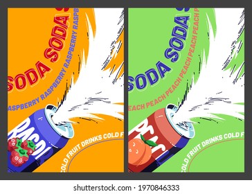 Sweet soda, cold fruit drinks posters. Fizzy watermelon, sea buckthorn and peach beverage in aluminium cans. Vector poster with cartoon illustration with lemonade in metal tin cans with white splash