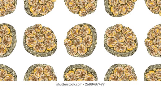 Bollos suaves dulces en cestas, patrones sin fisuras, pasteles frescos, postre, Fondo de pantalla, papel, dibujos a mano, Ilustración vectorial, fondo blanco