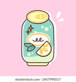 Sweet soft drink in a cute can. Vector illustration of lemon and mint soda packaging. Fresh summer beverage in trendy flat style.