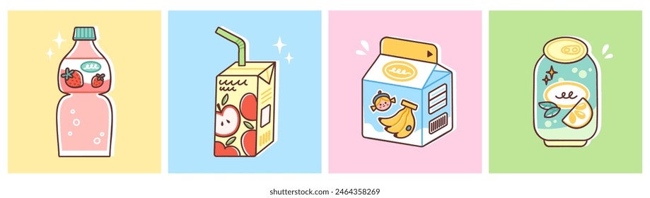 Sweet soft drinks set. Vector illustration of strawberry and apple juices, banana milk and lemon soda. Fresh cold beverages in cute packaging. Colorful flat style.