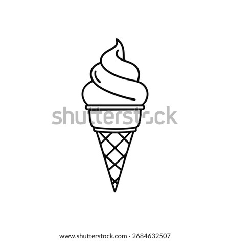 Sweet Soft Serve Cone Icon. A clean illustration of a delightful frozen dessert, featuring a swirled vanilla treat in a crisp waffle pastry. Represents summer joy and simple pleasures.