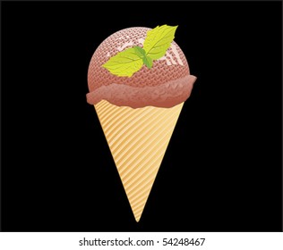 sweet and softy chocolate ice cream cone with mint leaf vector illustration