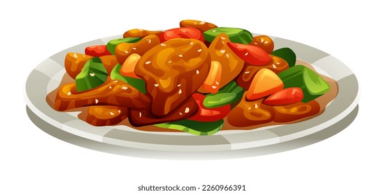 Sweet and sour pork. Chinese food vector illustration