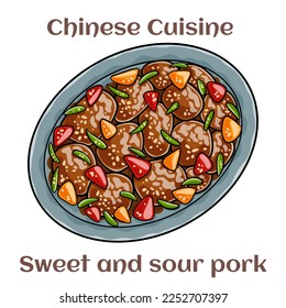 Sweet and sour pork. Fried pork with sliced carrots, green and red bell peppers and pineapple. Chinese food. Vector image isolated.