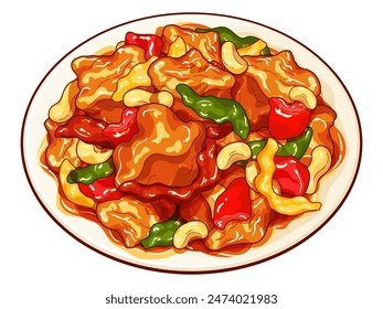 Cerdo agrio y dulce salteado con pimiento morrón. Vector de ilustración agridulce y salteado de cerdo. Receta de cerdo agridulce chino. Carne de cerdo agridulce tailandés. Revuelve la carne frita con anacardos.