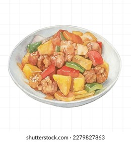 Sweet and sour stir-fry painted by watercolor