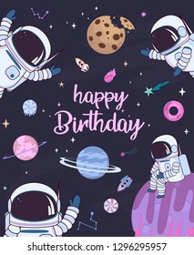 Sweet space cartoon poster with fantasy chocolate cookie, candy, donut, caramel sweets planets and astronaut. Birthday party invitation, Fantasy galaxy game concept. Editable vector illustration