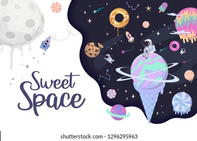 Sweet space cartoon poster with fantasy chocolate cookie, candy, donut, caramel sweets planets and astronaut. Birthday party invitation, Fantasy galaxy game concept. Editable vector illustration