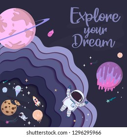 Sweet space cartoon poster with fantasy chocolate cookie, candy, donut, caramel sweets planets and astronaut. Birthday party invitation, Fantasy galaxy game concept. Editable vector illustration