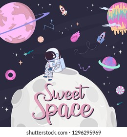 Sweet space cartoon poster with fantasy chocolate cookie, candy, donut, caramel sweets planets and astronaut. Birthday party invitation, Fantasy galaxy game concept. Editable vector illustration
