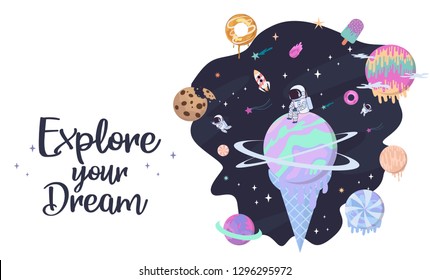 Sweet space cartoon poster with fantasy chocolate cookie, candy, donut, caramel sweets planets and astronaut. Birthday party invitation, Fantasy galaxy game concept. Editable vector illustration