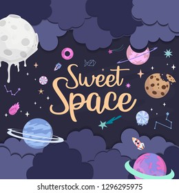 Sweet space cartoon poster with fantasy chocolate cookie, candy, donut, caramel sweets planets and astronaut. Birthday party invitation, Fantasy galaxy game concept. Editable vector illustration