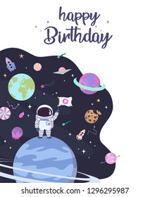 Sweet space cartoon poster with fantasy chocolate cookie, candy, donut, caramel sweets planets and astronaut. Birthday party invitation, Fantasy galaxy game concept. Editable vector illustration