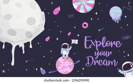 Sweet space cartoon poster with fantasy chocolate cookie, candy, donut, caramel sweets planets and astronaut. Birthday party invitation, Fantasy galaxy game concept. Editable vector illustration