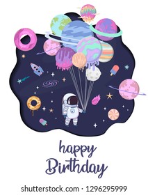 Sweet space cartoon poster with fantasy chocolate cookie, candy, donut, caramel sweets planets and astronaut. Birthday party invitation, Fantasy galaxy game concept. Editable vector illustration