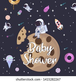 Sweet space cartoon poster with fantasy chocolate cookie, candy, donut, caramel sweets planets and astronaut. Baby Shower party invitation, Fantasy galaxy game concept. Editable vector illustration