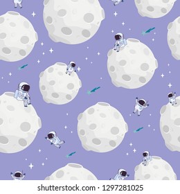 Sweet space seamless pattern with fantasy moon, stars and astronaut. Editable vector illustration