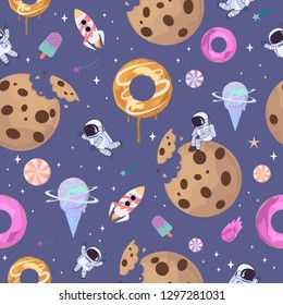 Sweet space seamless pattern with fantasy chocolate cookie, candy, donut, caramel sweets planets and astronaut. Editable vector illustration