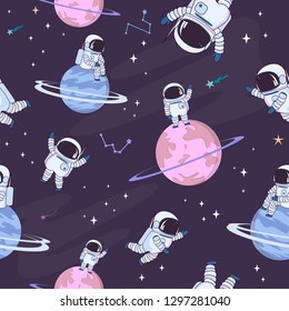 Sweet space seamless pattern with fantasy chocolate cookie, candy, donut, caramel sweets planets and astronaut. Editable vector illustration