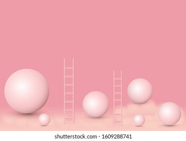 Sweet spheres  with clouds and stairs vector.  Pink balls on pink background concept for valentine day.