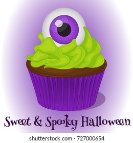 Sweet and Spooky Cupcake with eyeball for Halloween in cartoon style. Vector illustration. Holiday Collection.