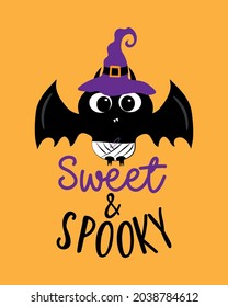 Sweet and spooky - cute baby bat in witch hat. Good for baby clothes, poster, card, label, party invitation and decor for Halloween.