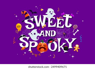 Sweet and Spooky Halloween banner with cute kawaii ghost characters and holiday candies, vector background. Halloween horror night and trick or treat cartoon spooky boo ghosts with pumpkin in cobweb