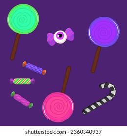 Sweet and Spooky Halloween Candy Set - The set collection of Halloween candies and lollipops, each wrapped in colorful paper with black and white candy cane charming eye and swirl toffy designs.