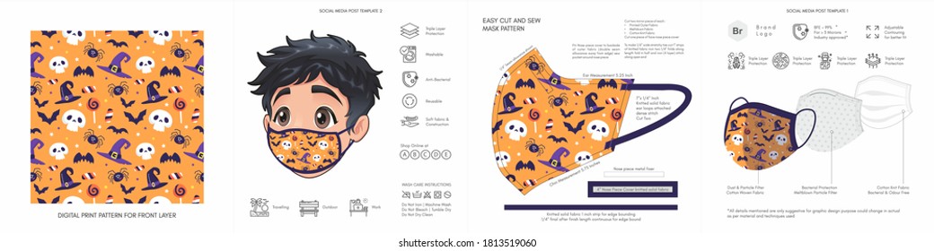 Sweet and Spooky Halloween Face Masks Seamless Prints & Protective Trendy Cute Cartoon Animated Character Face Mask Patterns for Kids Suitable for Back to School Look