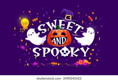 Dulce y espeluznante, cita de Halloween con fantasmas para la noche de terror de vacaciones, Vector de dibujos animados. Truco o trato de la cita de la fiesta de Halloween o impresión de la camiseta con calabaza del libro, fantasmas kawaii divertidos y sombrero de la bruja