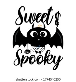 Sweet and Spooky - Texto de Halloween con lindo bate negro y araña. Es bueno para la impresión de camisetas, afiche, pancarta, tarjeta de invitación y decoración de halloween.