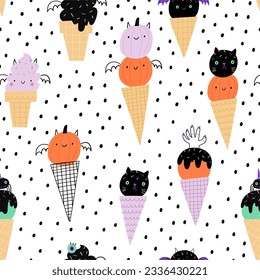 Sweet and spooky ice cream. Cute cartoon Halloween ice cream - vector seamless pattern