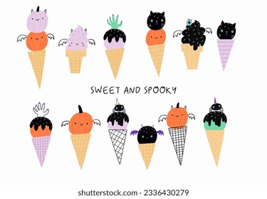 Sweet and spooky ice cream. Cute cartoon Halloween ice cream - vector illustration