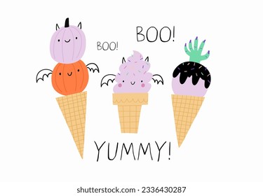 Sweet and spooky ice cream. Cute cartoon Halloween ice cream - vector illustration