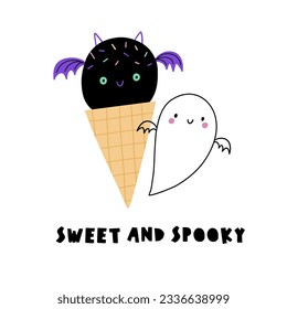 Sweet and spooky ice cream. Cute cartoon Halloween ice cream - vector illustration