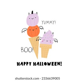 Sweet and spooky ice cream. Cute cartoon Halloween ice cream - vector illustration