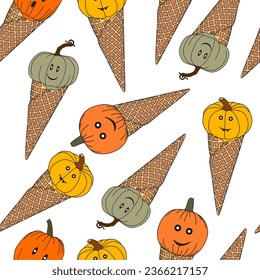 Sweet and spooky ice cream. Cute cartoon Halloween ice cream - vector seamless pattern