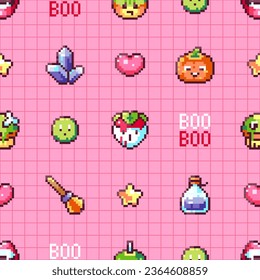 Sweet and Spooky Pink Girlish Halloween Pixel Art Pattern with Pumpkins, Strawberries and Magical Elements. Retro Arcade Game Design from the 80s-90s for Kids. Perfect for Backgrounds and Print.