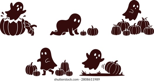 Sweet spooky spirits crawling through pumpkin patches and jumping out of hollow vegetables in festive seasonal silhouettes.