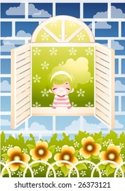 Sweet Spring - relaxing with cute young girl in beautiful flower garden on floral pattern and blue sky background
