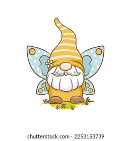 Sweet springtime gnome with butterfly wings cartoon character. Illustration are perfect for greeting card, invitations, posters, pin, scrapbooking, icon	
