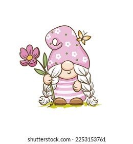 Sweet springtime gnome with flower cartoon character. Illustration are perfect for greeting card, invitations, posters, pin, scrapbooking, icon	
