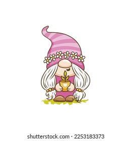 Sweet springtime gnome with flower cartoon character. Illustration are perfect for greeting card, invitations, posters, pin, scrapbooking, icon	
