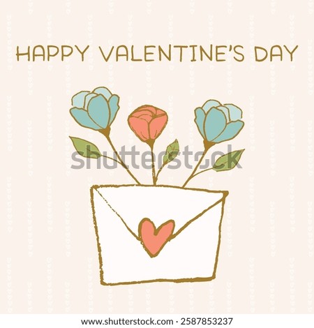 A sweet square format Valentine's Day message with a flower filled envelope with a heart on the front and text. 