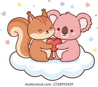 Sweet squirrel and koala hugging a big red heart on a white cloud. Romantic woodland animal illustration perfect for greeting cards, invitations, and nursery decor.