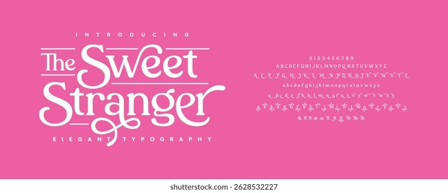 The Sweet Stanger: Tipografia clássica mínima com um toque serif moderno. Letras, ligaduras e números elegantes perfeitos para moda e designs de luxo. Ilustração vetorial.