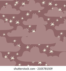 Sweet starry sky in pinks and white vector seamless repeat pattern with clouds